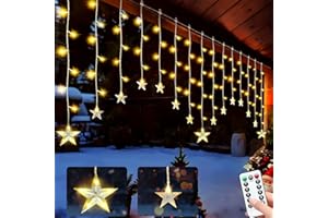 BUUDALA Tenda Luminosa, 108 LED, 15 Stelle, Telecomando, Luci a Tendina per Finestre, Spina con 8 Modalità Lampeggianti, Decorazione per Natale, Matrimoni, Camere da Letto, Feste, Compleanni, Bianco Caldo