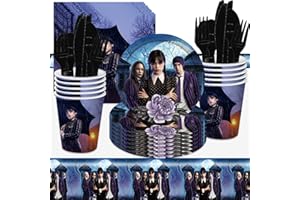 Tomicy Miércoles Vajilla De Fiesta 71piezas Miércoles Reutilizable Set De Juego De Platos y Cubiertos Cubertería De Cartón Vasos y Servilletas para Cumpleaños Bodas Aniversarios(10 Invitados)