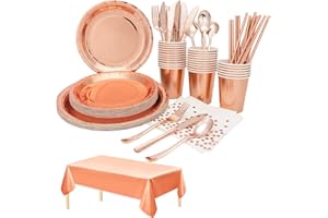 DONGQI 193 szt Zestaw naczyń papierowych w kolorze różowego złota,wielokrotnego użytku zestaw talerzy papierowych, w tym obrus talerze kubki serwetki na urodziny, wesela, jubileusz (24 gości)