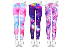 BondEron Mädchen Leggings 3er-Pack, Bunte Sporthose mit Galaxie Sternen Muster, Blickdichte und elastische Freizeithose für Alltag, Schule und Sport, Größe 104-158