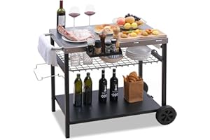 PIZZELLO Three-Shelf Outdoor Grill Dining Cart Movable BBQ Trolley Multifunctional Stainless Steel Food Prep Worktable with Two wheels, Silver With Black, (X50011SR)