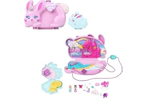 Polly Pocket Wearable Travel Toy with 2 Micro Dolls and 12 Accessories Including Pets, 2-in-1 Bunny Fun Compact Purse Playset with Bunny Unicorn Theme, JFT88