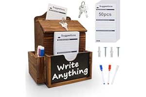 AZEAM Suggestion Box Lockable with 50 Suggestion Cards Wooden Charity Collection Ballot Post Tip Donation Box with Slot and Lock Wall Mounted with Blackboard and Keys for Office School