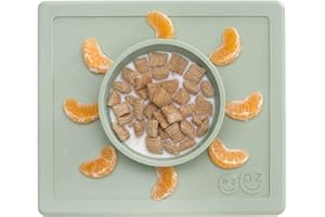 ezpz Happy Bowl (Sage) - 100% Silicone Suction Bowl with Built-in Placemat for Toddlers + Preschoolers – Dishwasher Safe