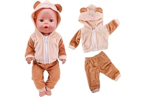 Gemtte 2 Set Ropa para Muñecas Bebé 43-48 cm Mono y Gorro de Conejito para Muñecas, Ropa de Muñeca para Niños y Niñas con Chaqueta, Pantalones, Marrón