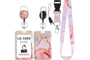 Amabro Uchwyt na identyfikatory z nadrukiem marmuru, plastikowy uchwyt na identyfikator, chowany klips na identyfikator z odrywaną smyczą, pionowy ochraniacz na karty, brelok, etui na dowód osobisty,