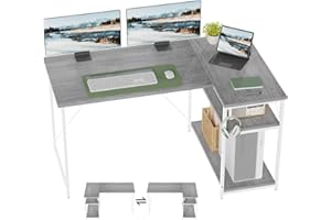 TRIUMPHKEY Scrivania ad Angolo 140cm,Reversibile,Scrivania a Forma di L con Ripiani,Tavolo da Lavoro,Struttura in Acciaio,per Computer, Ufficio,Studio and Soggiorno(Grigio)