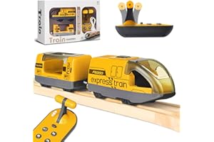 BEGINREALLY Tren Eléctrico a Distancia para Pista de Madera, Tren a Control Remoto y Motorizado con 4 Efectos de Sonido y Luz para Niños de 3 4 5+ Años, Compatible con Thomas,Brio,Chuggington-Amarillo