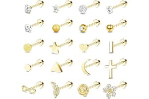 Adramata 20 Piezas 18G Pendientes Mujer Hombre Acero Inoxidable Botón Cartílago Tornillo Trasero Cartílago Tragus Hélice Pendientes Pequeños CZ Luna Estrella Stud Pendientes De Espalda Plana Piercing