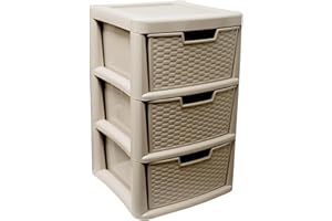 ALEEZ - Large Plastic Drawer Storage Unit - Rattan Effect 3 Drawer Cabinet - Multipurpose Storage Organiser - Office, Tabletop Desktop Drawer - Bedroom Chest Drawer Unit - (Mushroom, 3 Drawer)
