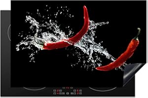 KitchenYeah© Protege Plaque Tapis Pour Induction 80x52 cm Deco Cuisine Protection Vitrocéramique Pour Cuisiniere Piment - Nature morte - Eau - Noir - Rouge