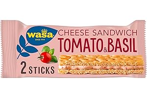 ‎WASA Wasa Knäckebrot Sandwich Tomato & Basil 40g I Knäckebrot-Snack aus Weizenmehl mit einer Füllung aus Käse, Getrockneten Tomaten & Basilikum, je 2 Sticks, Perfekt für unterwegs