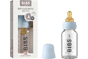 BIBS Baby Glass Bottle 110ml, Vermindert Koliken, Runder Sauger aus Naturkautschuklatex, Unterstützt das Stillen. Complete Set - 110 ml, Baby Blue