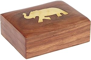 Ajuny Custodia in legno fatta a mano per mazzo di carte da gioco con intarsio in ottone decorativo con ciondolo a forma di elefante Dimensioni 4x3x2 pollici