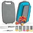 Gintan Camping Cutting Board, 9-in-1 Collapsible Chopping Board with Colander, Gifts for Campers Happy Camper,Camping Accessories for RV Campers(Blue+Grey)