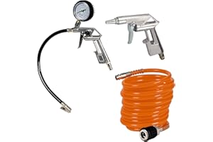 Einhell Kit 3 accessoires pneumatique pour compresseur à air (Pistolet de soufflage, manomètre de gonflage, tuyau de 5m (diamètre intérieur 6 mm))