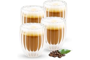 Foydream Verres à Expresso à Double Paroi, Tasse a Cafe Verre Transparent 4x350ML Design Isolant pour Moka Latte Macchiato Café Crème Glacée Lait Jus de Fruits Thé
