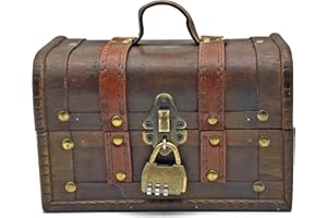 FUZHIK Vintage Wooden Treasure Box with Lock Pirate Treasure Chest, Antique Jewellery Storage Lockable 7.9 x 5.1 x 5.1 in - Handmade Rustic Keepsake Box for Women, Gifts for Boys Girls Gift Toys (Brown)