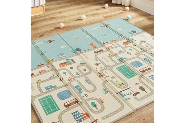 CASABEL Tapis d’Éveil Bébé Évolutif 180×150 cm – Tapis Bébé Pliable, Imperméable et Épais, Motifs Voitures, Grande Taille, Doux et Coloré, Tapis de Jeu Compact à Rangement Facile