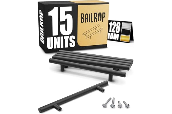 BAILROP Poignée de Meuble Cuisine Noir 128MM - Poignée Noir Meuble en Acier Inox - Poignet de Porte Cuisine et Armoire 15 UNITÉS