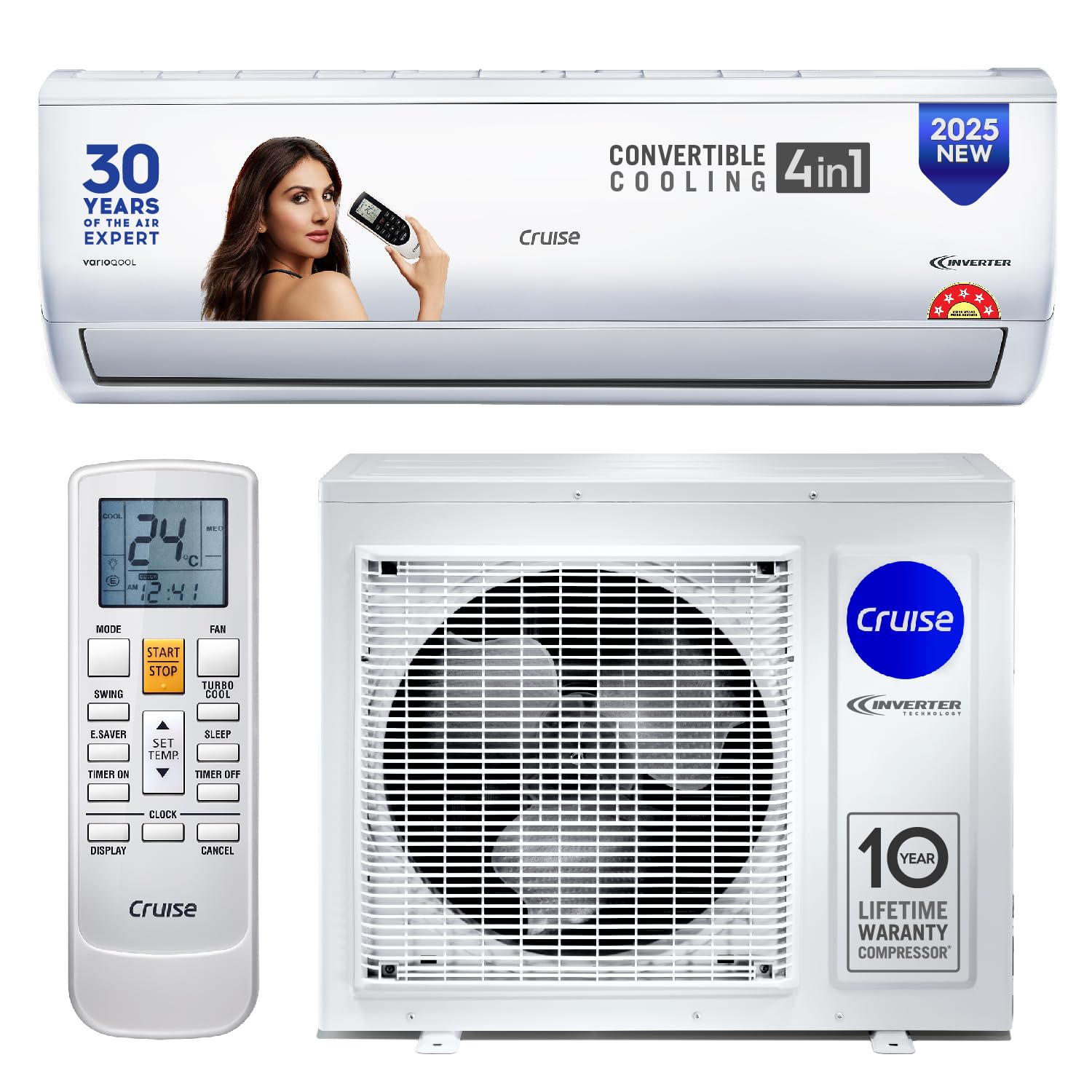 Cruise 1.5 Ton 5 Star Inverter Split AC with PM2.5 Air Purification (100% Copper, Convertible 4-in-1, Fast Cooling & Energy Saving, PM 2.5 Filter, Anti-Rust Tech, 2025 Model, CWCVBK-VQ3D185, White)