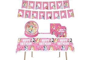 YANLI Bluey Dog Birthday Party Supplies, 32Pcs Bluey Dog Style Decorations for Birthday Party, Bluey Party Supplies for Kids include Banner ,Table cloth ,Plates, and Napkins