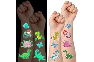 ACWOO Temporary Tattoo for Kids, 30 Sheets Glow In The Dark Mixed Style Cartoon Tattoo, Waterproof Luminous Stickers with Flower Fairy & Dinosaurs & Animals & Dinosaurs and Mermaids & Oceans