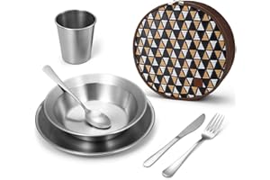 Odoland Kit Piatti e Posate in Acciaio Inox Lucido, Include Piatti Ciotola Tazza Posate Custodia Portatile, Set Completo di Stoviglie per Campeggio Trekking Picnic Viaggio (1 Persona)