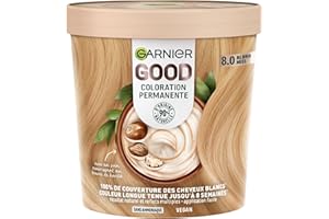 Garnier - Coloration Permanente - Sans Ammoniaque - 90% d'Ingrédients d'Origine Naturelle et Formule Vegan - Beurre de Karité - 100% Couverture Cheveux Blancs - Blond Miel (8.0) - Good
