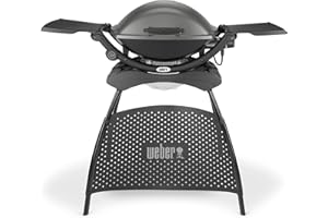 Weber Q2400 Barbecue électrique avec support + tablettes latérales, surface de cuisson 54 x 39 cm, grille en fonte émaillée (2 parties), couvercle et cuve en fonte d'aluminium - Gris foncé (55020853)