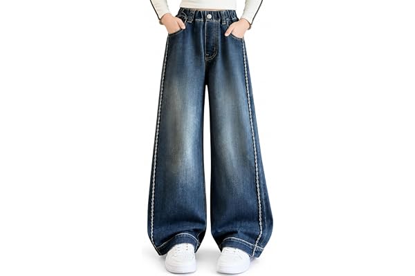 Domueay Lösa jeans för flickor, baggy bekväm denim byxor med hög midja elastisk mjuk ledig mode lös passform byxor med fickor streetwear kläder för flickor 7–14 år