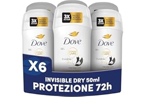 Dove Deodorante Stick Invisible Dry, Deodorante Antitraspirante, Formula Antimacchie, Protezione Fino a 72 Ore, Pro-Ceramide Technology, Ingredienti Idratanti, Deodorante Uomo e Donna, 6 Pezzi da 50ml