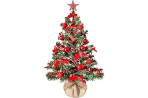 BAUNSAL Weihnachtsbaum künstlich (WBD) 90 cm grün mit Weihnachtsdeko rot und Led Lichterkette mit Batteriebox und Fernbedienung künstlicher Christbaum klein Tannenbaum