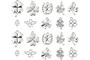 Ornazy 100 pcs 10 Styles Craft Supplies Four Leaf Clover Charms Collection Antique Silver Mini Lucky Clover Charms for DIY Jewellery Making