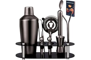 Zanfqvo Shaker Cocktail Kit avec Support - 14 Pièces Kit Cocktail en Acier Inoxydable pour Cadeau Homme- kit Barman Professionnel pour Maison Bar (Noir)