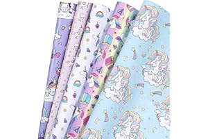 ZHENZHENLO 5 Fogli Carta da regalo unicorno, Carta da Regalo Colorata (Piegati) per Bambini, Fogli di Carta da Regalo, Rotolo Di Carta Da Regalo, per Compleanno, Natale, Baby Shower, Feste, Regali Anniversari