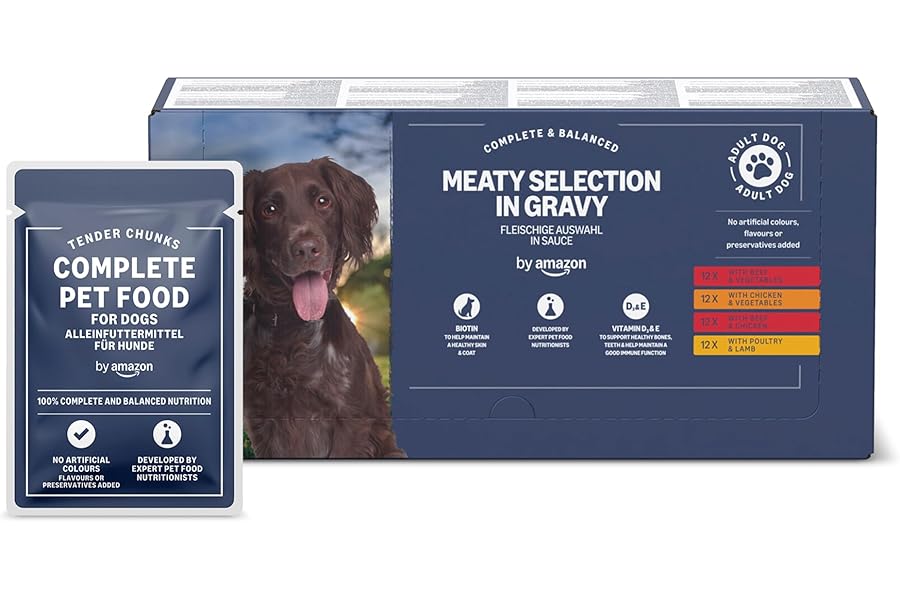by Amazon Complete Wet Food for Adult Dogs, Meat Selection in Gravy, 4.8 kg (48 pouches of 100g)
