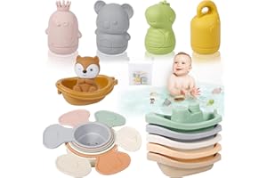 SaiXuan Giochi Bagnetto Neonato Antimuffa,.Set 4 Giochi da Bagno in Silicone+ Barca con Volpe + 6 Bicchieri Impilabili + 5 Barchette + Rete 37x47 cm per Vasca Bambini 1 2 3 Anni