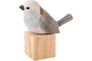 WEWAYSMILE Wooden Carved Bird Figurine, Hand Carved Painted Wooden Statues, Cute Animal Ornament Craft for Home Office Desktop Decoration(Northern Long-Tailed Tit)
