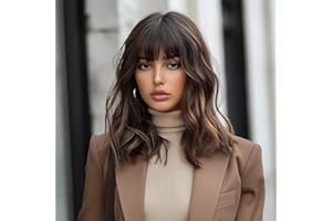 ‎SIMKAYLEE SIMKAYLEE Gewellt Lange Braune Highlights Perücke mit Pony für Frauen Locken Mittellang Braun Gemischt Blonde Perücken Damen für den täglichen Gebrauch Party (40cm)