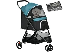 PawHut Hundewagen 2 in 1 Hundebuggy klappbar für Hunde & Katzen bis 10 kg Katzenbuggy mit Kissen Netzfenstern Türen Aufbewahrungskorb Katzenwagen Buggy Dunkelgrün