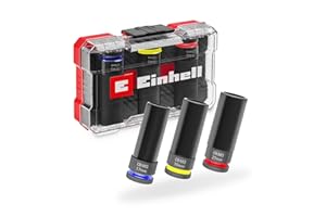 EINHELL ACCESSORIES Set di bussole a percussione originale Einhell, 3 pezzi (acciaio CrMo, attacco quadro da ½", lunghezza 80 mm, 17/19/21 mm, fosfato di manganese, anelli colorati, inserto in EVA in M-CASE)