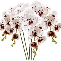 Fiori Artificiali HinyoCo Phalaenopsis - 5 Steli Con 8 Fiori Ciascuno, Bianco Con Macchie, Con 2 Foglie, Per Decorazione - Foto 4