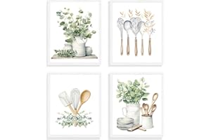 DAZZLEWALL Set di 4 Poster Murali Botanici per la Cucina, Stampa di Foglie di Eucalipto, Poster da parete di Piante Boho per la Decorazione della Sala da Pranzo della Cucina 20x25 cm Senza Cornice