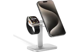QINCOON Soporte de teléfono para Cargador MagSafe, 2 en 1 Soporte de Celular de Escritorio Ajustable de Aluminio para iPhone y Apple Watch [Cargador no Incluido] (Plata)