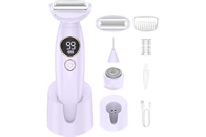 HOUPOO Bikini Trimmer Women 3581, 3-in-1 Lady Shavers for Women, IPX7 Waterproof Rechargeable Electric Razor for Wet & Dry Use on Body, Face, Legs & Underarms, Purple