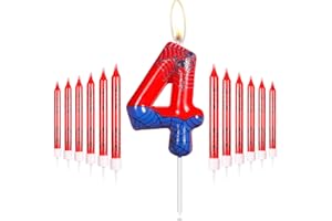 MCISKIN Personalisiertes Happy 4th Birthday Kuchen Kerzen Set, Blau Rot Kerzen mit Spinnennetz, Spinne Nummer 4 Kerzen Kuchen Topper, Spinne Thema Party Kerzen für Jungen Mädchen 4. Geburtstag