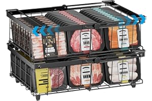 DOUBFIVSY Gefrierkörbe für Gefriertruhe, 2er Set Erweiterbare Stapelbare Gefrierschrank Organizer für 140L-570L Gefriertruhen, Metall Aufbewahrungskorb Drahtkörbe Schwarz mit Griffen, für Küche Büro