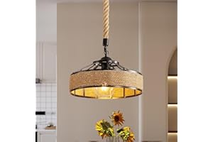 Lumiup Suspension Lustre Rotin, E27 Suspension Luminaire Industriel, Corde de Chanvre Lampe de Plafond, Luminaire Plafonnier Métal, Lustre Salon Vintage, Lustre Chambre, Cuisine, Café (30CM)