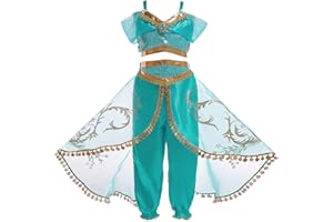 Monissy Niña Aladdin Princesa Jasmine Disfraz Tops Pantalones Manga Corta Traje Cosplay Actuación Carnaval Navidad Regalo Cumpleaños Danza Vientre Vestido de Princesa,Verde,150